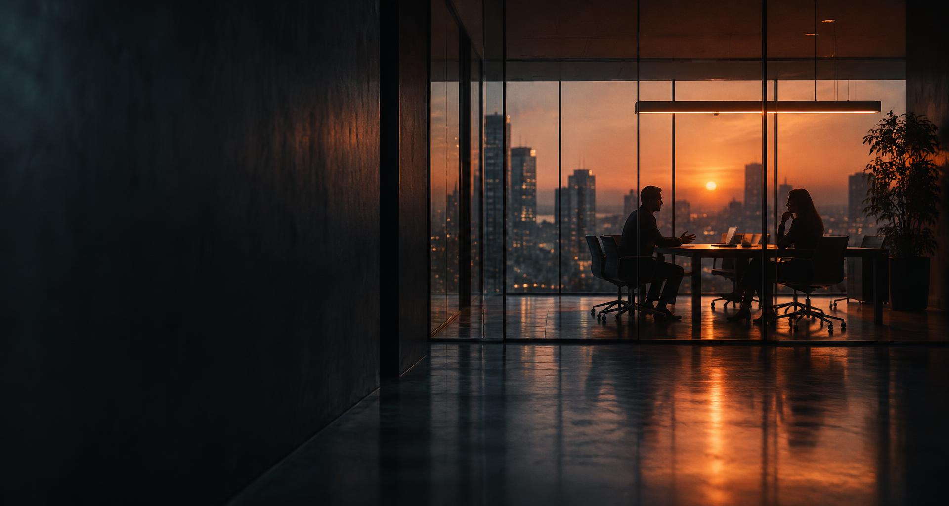 Two colleagues in conversation in a glass-walled meeting room lit by warm evening light
